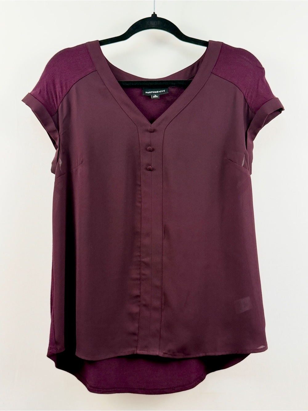 Fortune + Ivy Helina Mixed Material Dark Purple/Plum/Burgundy V-Neck Blouse